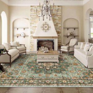 TOPRUUG Washable Oriental Area Rug - 9x12 Rugs for Living Room Soft Carpet for Bedroom Waterproof Floral Distressed Indoor Stain Resistant Non-Shedding Floor Carpets (Green, 9x12)