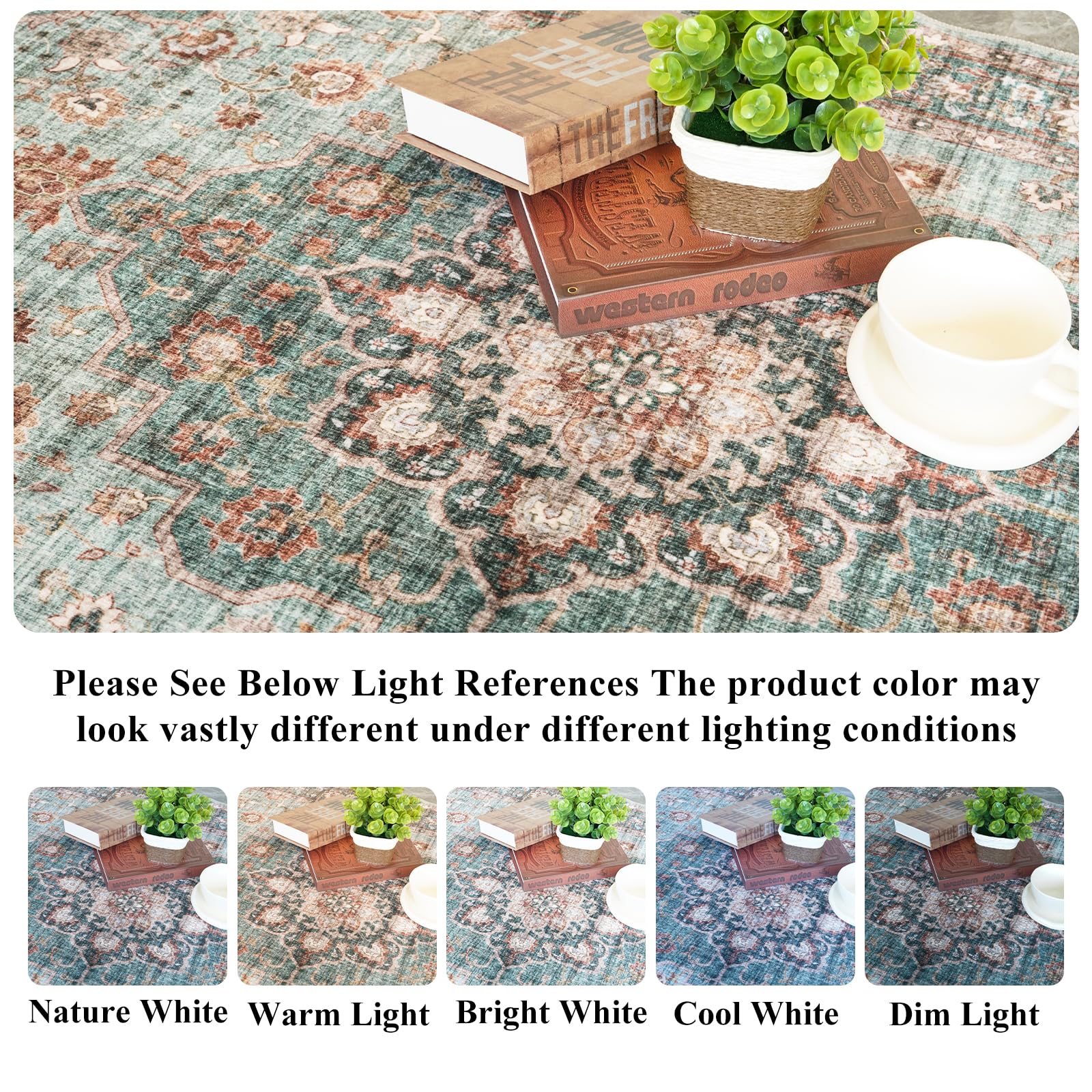 TOPRUUG Washable Oriental Area Rug - 9x12 Rugs for Living Room Soft Carpet for Bedroom Waterproof Floral Distressed Indoor Stain Resistant Non-Shedding Floor Carpets (Green, 9x12)