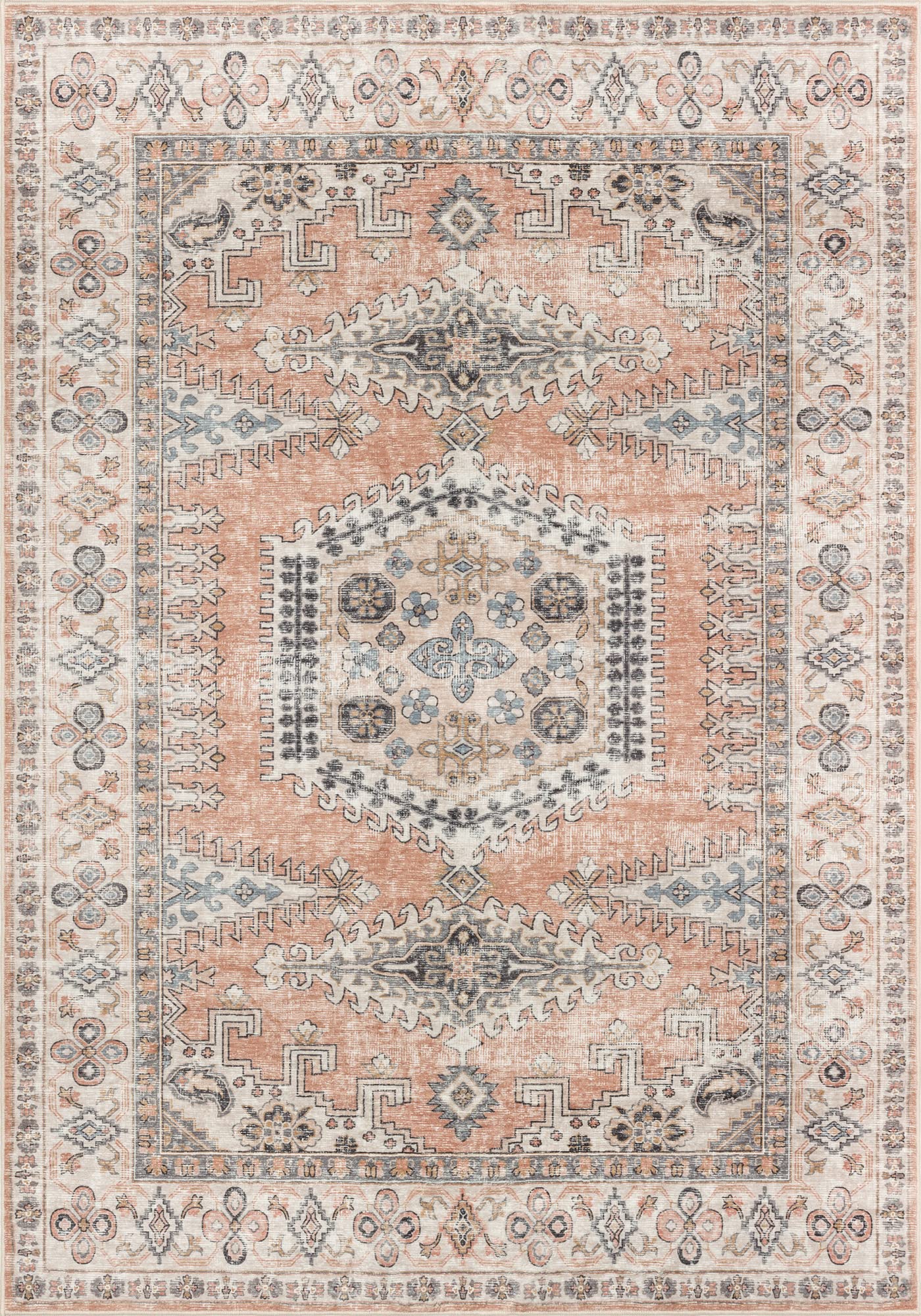 Valenrug Washable Area Rug 6x9 - Ultra-Thin Antique Collection, Stain Resistant Rugs for Living Room Bedroom, Distressed Vintage Rug(Peach/Yellowish, 6'x9')