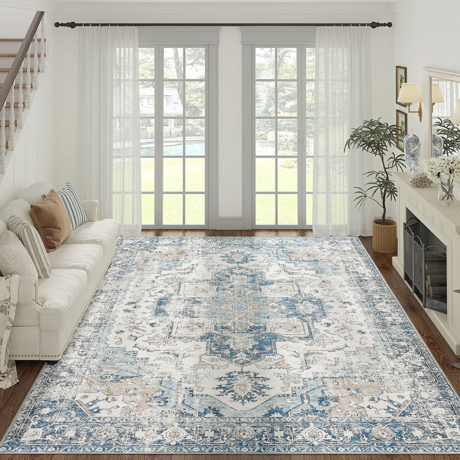 jinchan Area Rug 9x12 Washable Rug Indoor Vintage Rug Floor Cover Print Distressed Carpet Multi Thin Rug Chenille Blue Accent Rug Lightweight Non Slip Kitchen Living Room Bedroom Dining Room