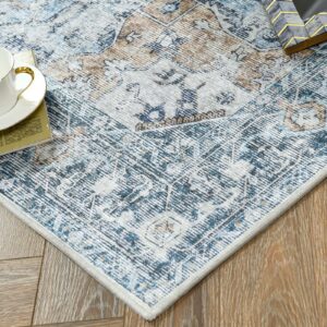 jinchan Area Rug 9x12 Washable Rug Indoor Vintage Rug Floor Cover Print Distressed Carpet Multi Thin Rug Chenille Blue Accent Rug Lightweight Non Slip Kitchen Living Room Bedroom Dining Room