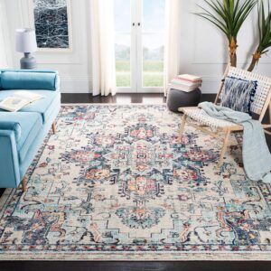 safavieh madison collection area rug - 9' x 12', cream & blue, boho chic medallion distressed design, non-shedding & easy care, ideal for high traffic areas in living room, bedroom (mad473b)