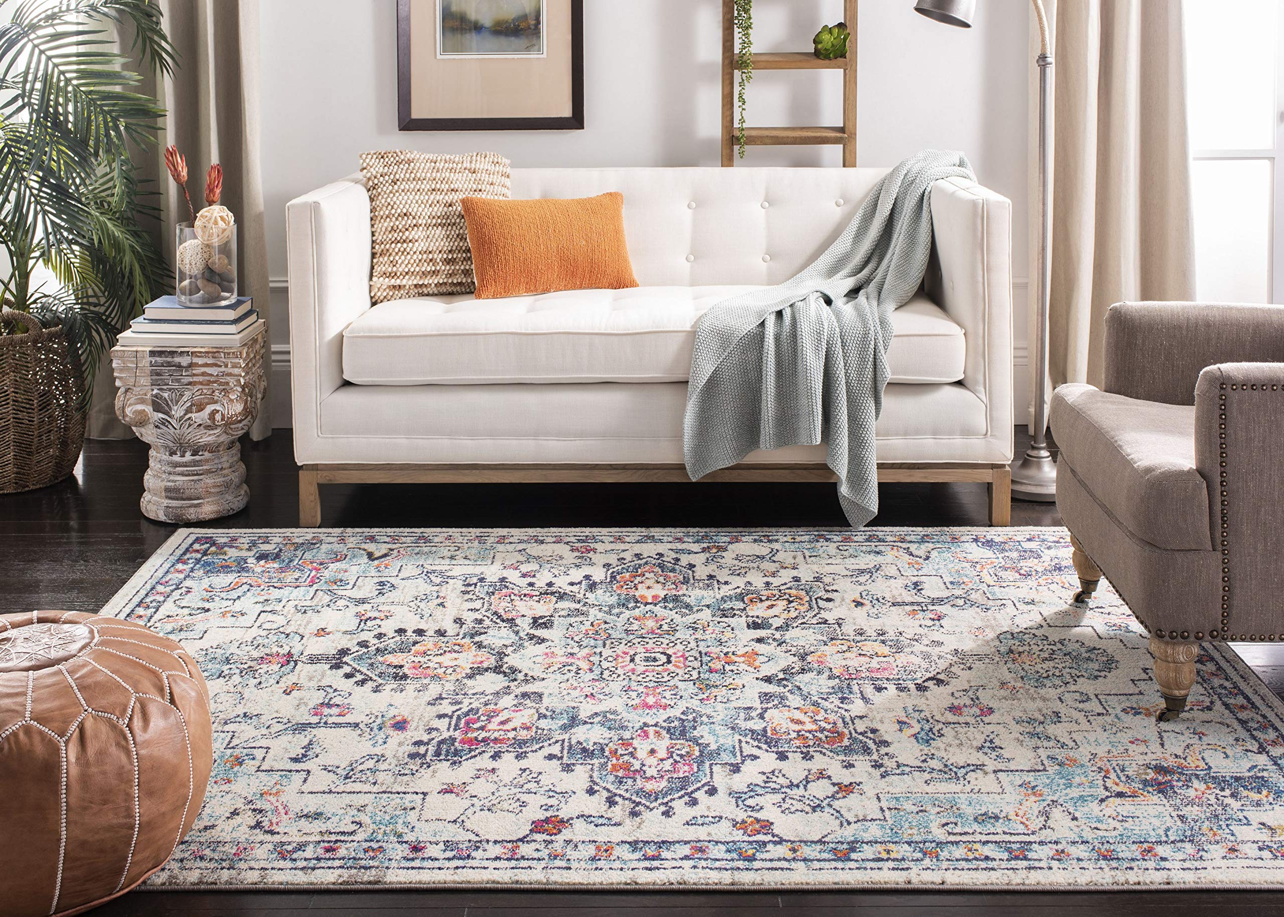 SAFAVIEH Madison Collection Area Rug - 9' x 12', Cream & Blue, Boho Chic Medallion Distressed Design, Non-Shedding & Easy Care, Ideal for High Traffic Areas in Living Room, Bedroom (MAD473B)