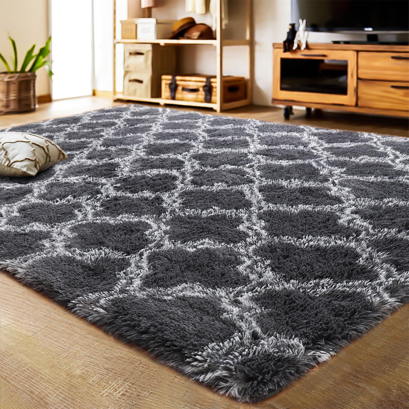 LOCHAS Luxury Shag Area Rug 8x10 Feet Geometric Plush Fluffy Rugs, Extra Soft Carpet Moroccan Rugs for Bedroom Living Room Dorm Kids, High Pile Shaggy Floor Rug Decor, Dark Grey and White