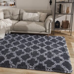 LOCHAS Luxury Shag Area Rug 8x10 Feet Geometric Plush Fluffy Rugs, Extra Soft Carpet Moroccan Rugs for Bedroom Living Room Dorm Kids, High Pile Shaggy Floor Rug Decor, Dark Grey and White