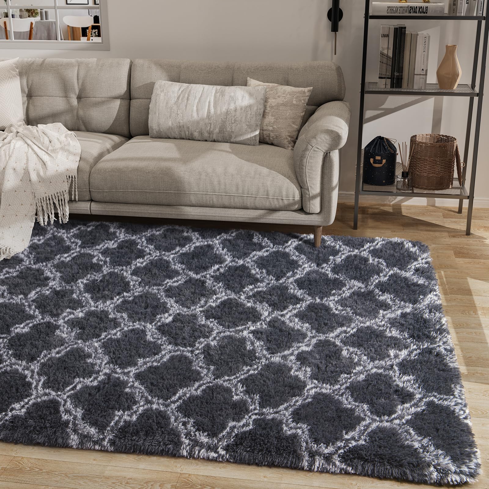 LOCHAS Luxury Shag Area Rug 8x10 Feet Geometric Plush Fluffy Rugs, Extra Soft Carpet Moroccan Rugs for Bedroom Living Room Dorm Kids, High Pile Shaggy Floor Rug Decor, Dark Grey and White