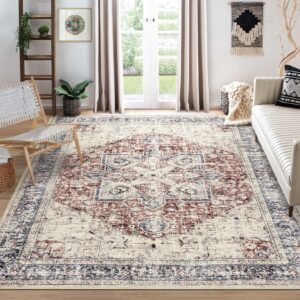 area rug living room rugs - 9x12 washable boho rug vintage oriental distressed farmhouse large thin indoor carpet for living room bedroom under dining table home office - red blue