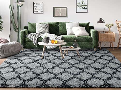 Keeko 6x9 Large Living Room Area Rug, Grey and Black Fluffy Fuzzy Rug Rugs for Living Room Bedroom Modern Indoor Carpet Geometric Shaggy Area Rug for Nursery Kids Farmhouse Dorm Classroom Decor