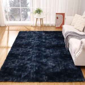 gaomon 9x12 fluffy area rugs or bedroom furry rug for living room, fuzzy shag fur rug for nursery room tie-dyed non-skid plush throw rug shaggy accent rug for indoor home floor carpet, dark navy