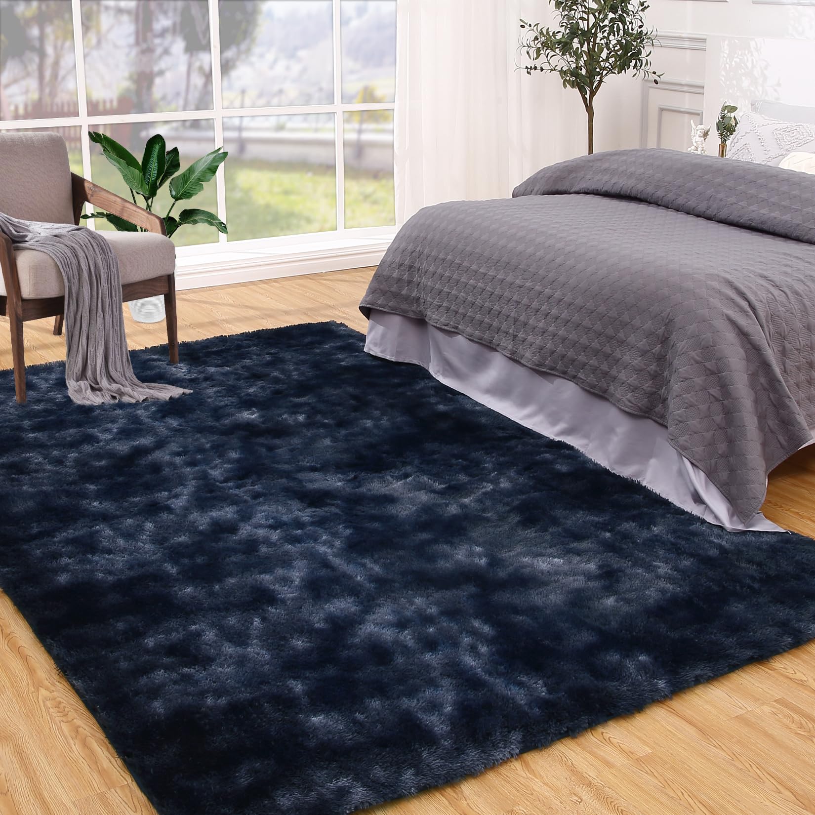 GAOMON 9x12 Fluffy Area Rugs or Bedroom Furry Rug for Living Room, Fuzzy Shag Fur Rug for Nursery Room Tie-Dyed Non-Skid Plush Throw Rug Shaggy Accent Rug for Indoor Home Floor Carpet, Dark Navy