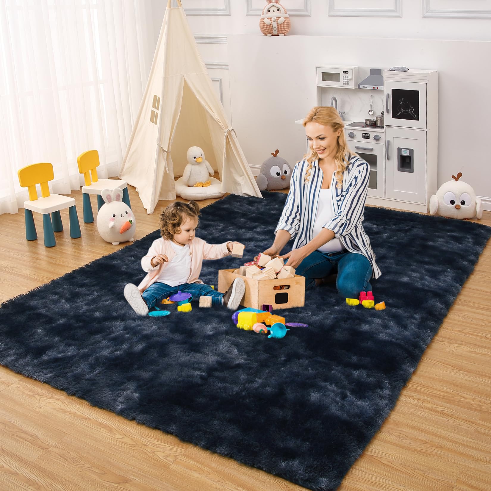 GAOMON 9x12 Fluffy Area Rugs or Bedroom Furry Rug for Living Room, Fuzzy Shag Fur Rug for Nursery Room Tie-Dyed Non-Skid Plush Throw Rug Shaggy Accent Rug for Indoor Home Floor Carpet, Dark Navy