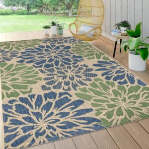 jonathan y smb110b-9 zinnia modern floral textured weave indoor outdoor area-rug bohemian coastal easy-cleaning bedroom kitchen backyard patio non shedding, 9 x 12, navy/green