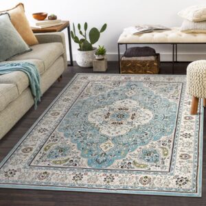 lahome floral medallion area rug - 9x12 large living room rugs soft bedroom rugs, turkish printed non slip low pile indoor throw carpet for dining room playroom basement, sky/baby blue