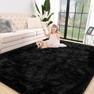 jelymark super soft shaggy rug for bedroom, 6x9 feet fluffy carpet for living room, fuzzy indoor plush area rug for home decor, furry floor rugs for dorm, kids nursery rug for girls, black