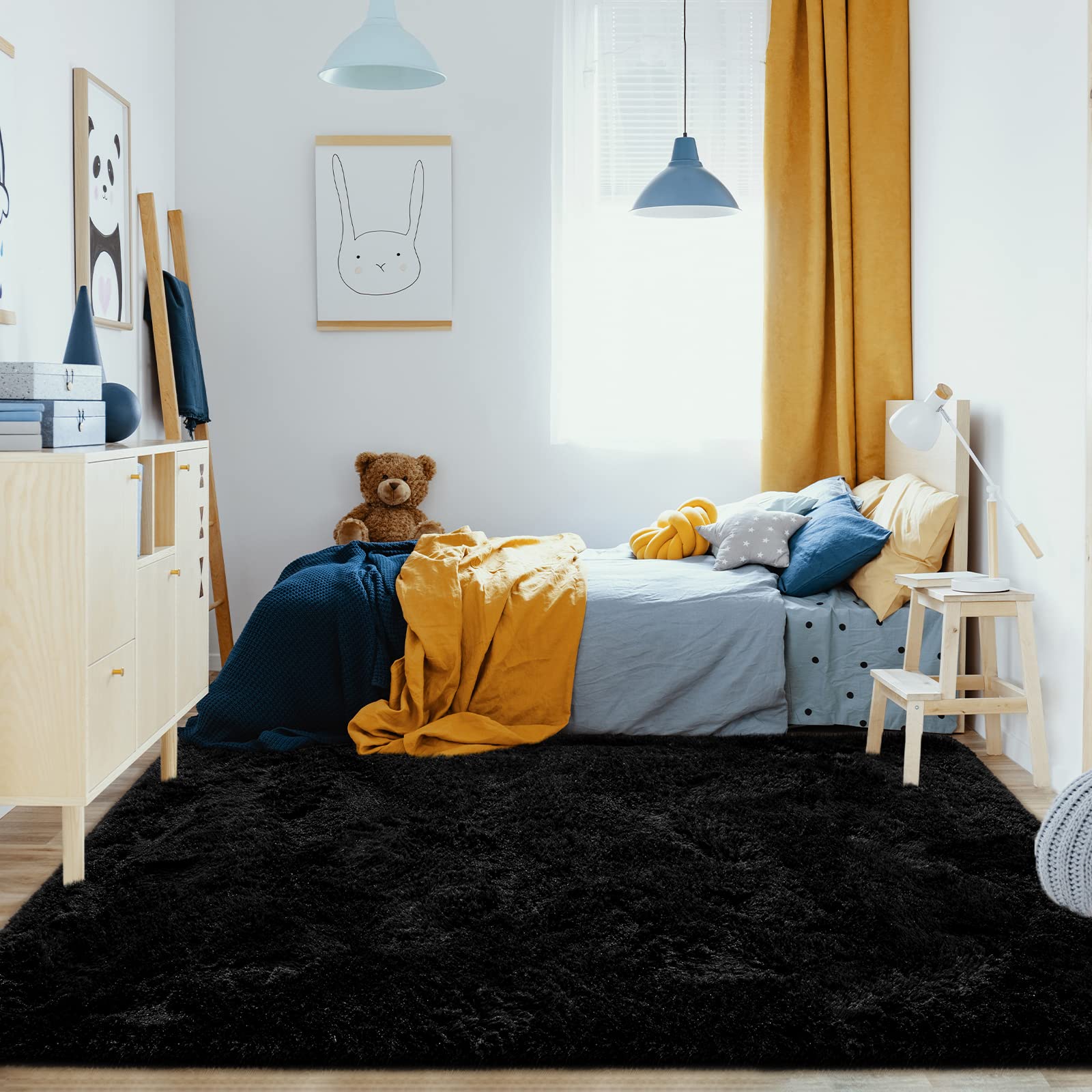 Jelymark Super Soft Shaggy Rug for Bedroom, 6x9 Feet Fluffy Carpet for Living Room, Fuzzy Indoor Plush Area Rug for Home Decor, Furry Floor Rugs for Dorm, Kids Nursery Rug for Girls, Black