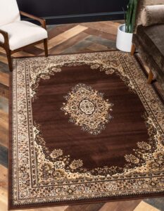 unique loom reza collection traditional persian style area rug, 9 x 12 ft, brown/ivory