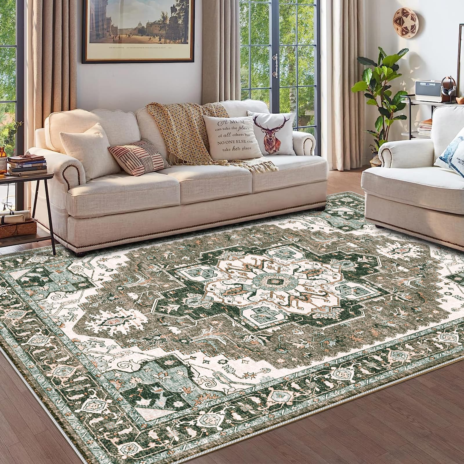 Washable Living Room Area Rug - 9x12 Large Bedroom Rug Distressed Oriental Non-Slip Non-Shedding Print Floor Carpet for Dining Room Kitchen（Beige, 9 x 12）