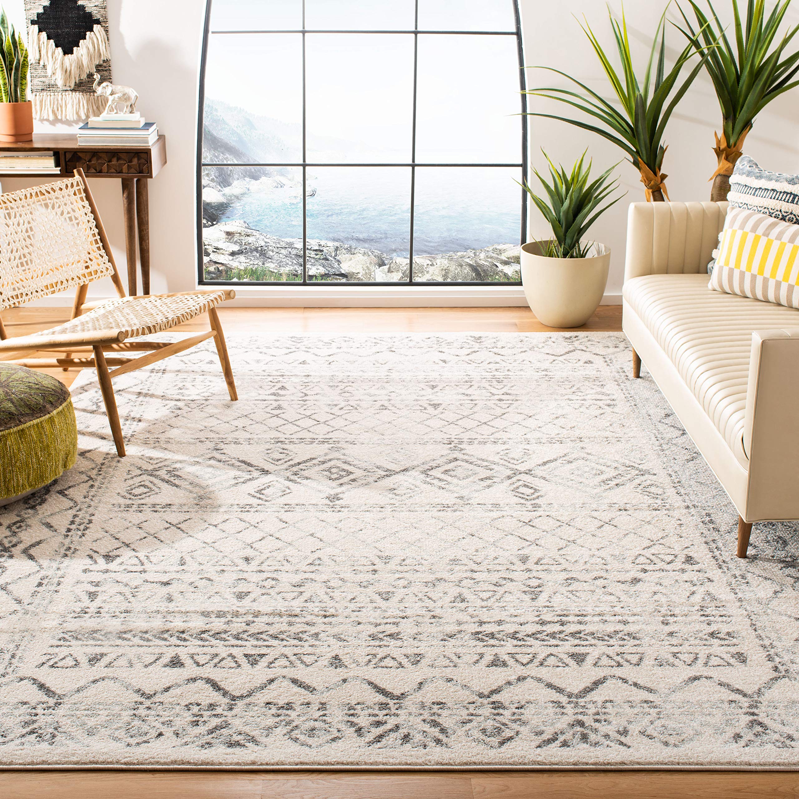 SAFAVIEH Tulum Collection Area Rug - 9' x 12', Ivory & Grey, Moroccan Boho Distressed Design, Non-Shedding & Easy Care, Ideal for High Traffic Areas in Living Room, Bedroom (TUL268A)