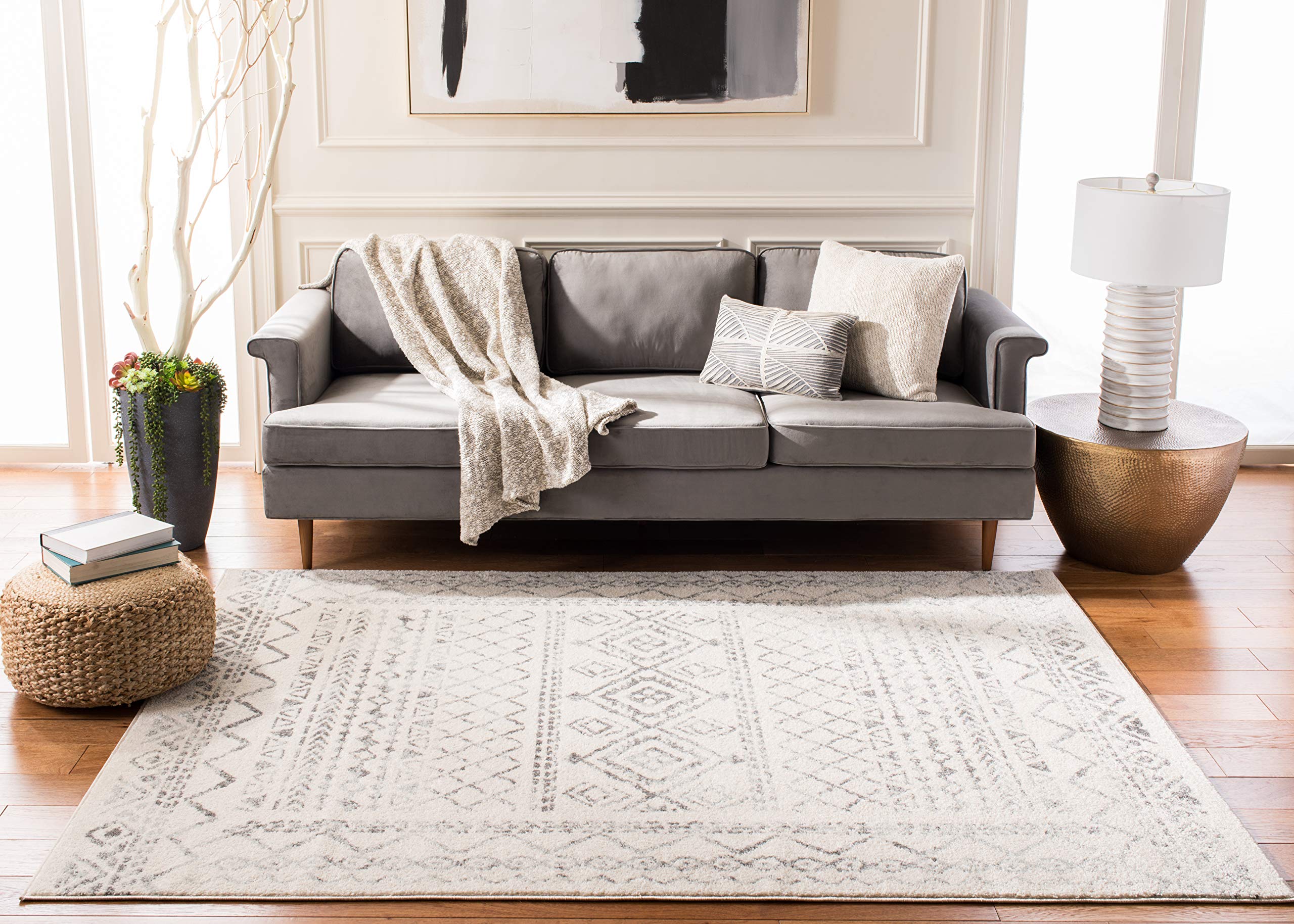 SAFAVIEH Tulum Collection Area Rug - 9' x 12', Ivory & Grey, Moroccan Boho Distressed Design, Non-Shedding & Easy Care, Ideal for High Traffic Areas in Living Room, Bedroom (TUL268A)