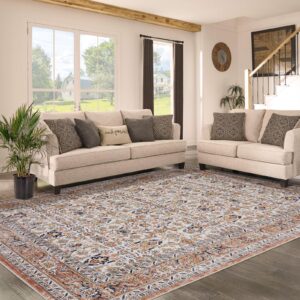 area rugs for living room bedroom: 9x12 rug machine washable with non-slip backing non-shedding stain resistant, boho floral large carpet for dining room nursery home office indoor (blue/brown)