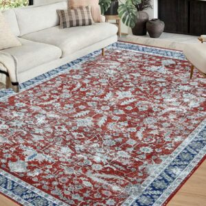 cozyloom large area rug 9x12 washable rugs oriental accent rug vintage floral printed carpet boho chenille floor cover non-slip tribal aesthetic rug soft foldable thin rug red