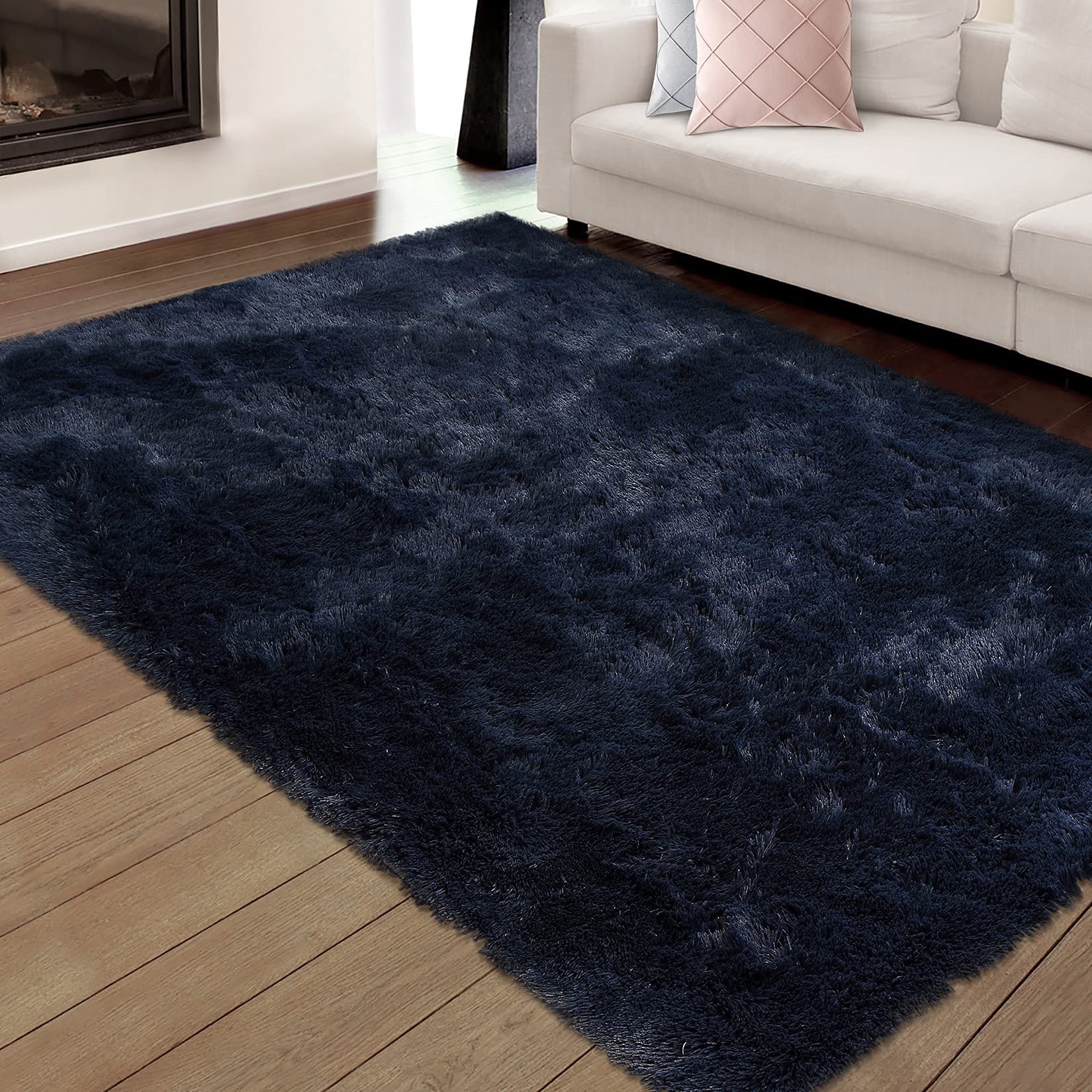 Zacoo 9x12 Large Area Rugs for Living Room,Super Soft Fluffy Modern Bedroom Carpet Rug Indoor Modern Plush Shaggy Floorcover Fuzzy Solid Non Slip Throw Rug for Kids Room Nursery,Navy