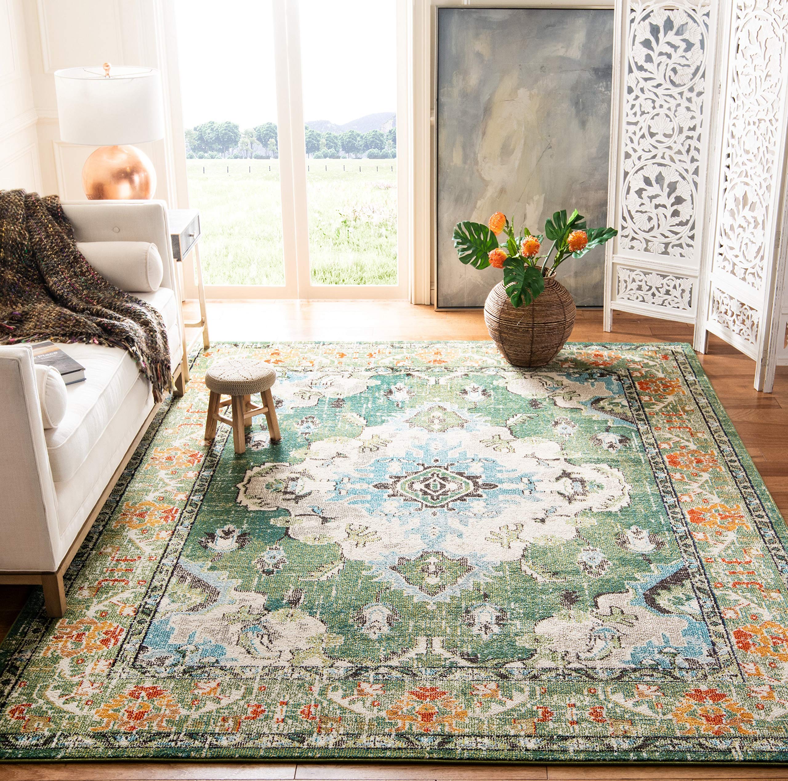 SAFAVIEH Monaco Collection Area Rug - 10' x 14', Forest Green & Light Blue, Medallion Distressed Design, Non-Shedding & Easy Care, Ideal for High Traffic Areas in Living Room, Bedroom (MNC243F)