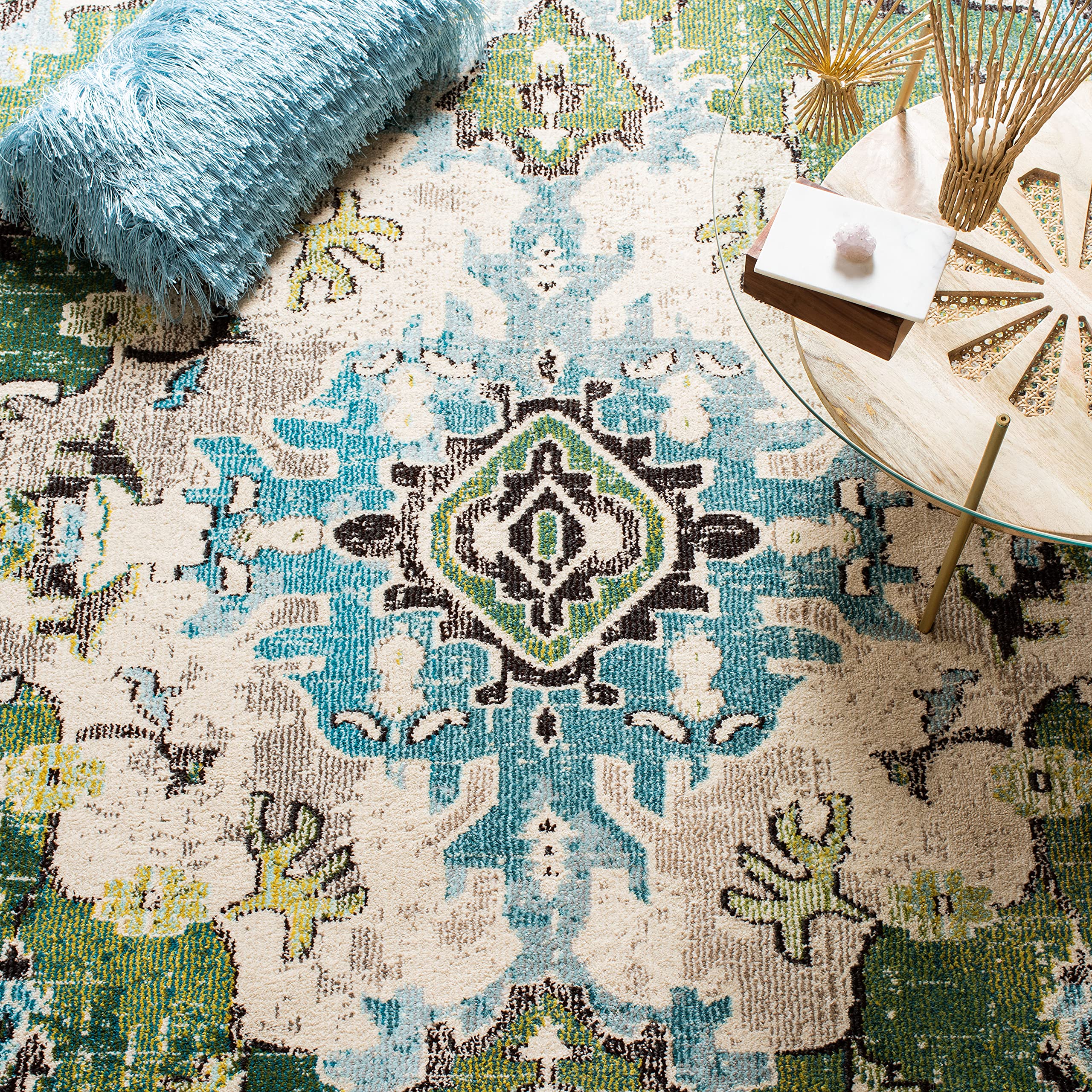 SAFAVIEH Monaco Collection Area Rug - 10' x 14', Forest Green & Light Blue, Medallion Distressed Design, Non-Shedding & Easy Care, Ideal for High Traffic Areas in Living Room, Bedroom (MNC243F)