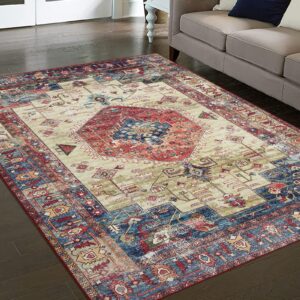 Zacoo 9x12 Area rug for Living Room Washable Rugs Boho Rug for Bedroom Vintage Rug Non Slip Carpet Throw Rugs Large Area Rug Stain Resistant Office Rug Classroom Rug 9'x12' Red/Beige