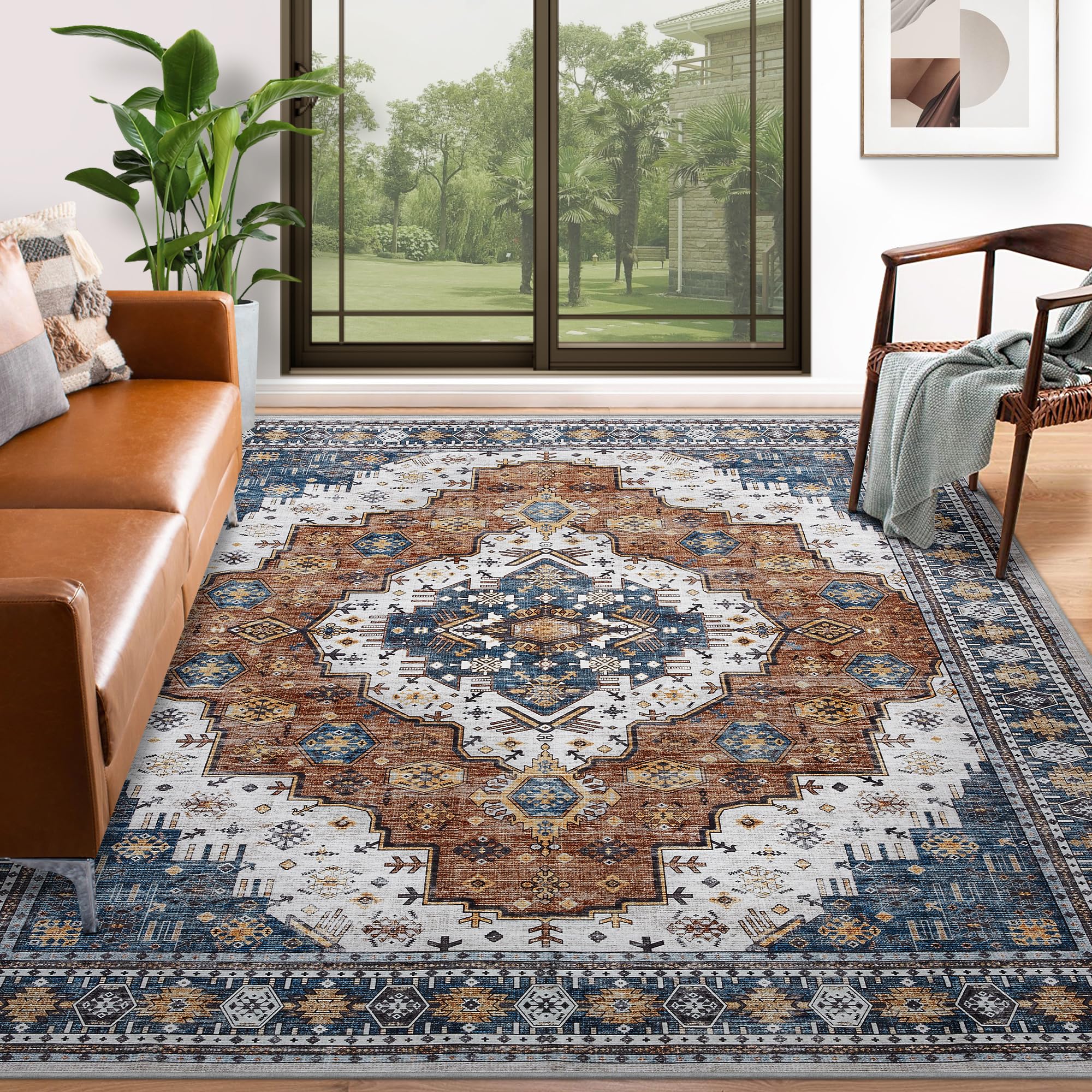 Washable Rug Living Room Rugs: 9x12 Area Rug Large Boho Medallion Distressed Carpets Indoor Soft Floor Anti Slip Carpet for Under Dining Table Bedroom Farmhouse Home Office - Blue/Orange Brown