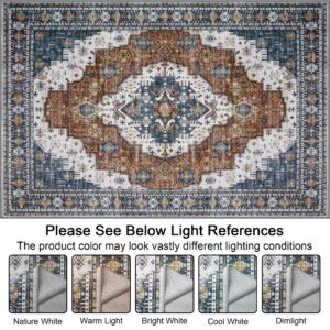 Washable Rug Living Room Rugs: 9x12 Area Rug Large Boho Medallion Distressed Carpets Indoor Soft Floor Anti Slip Carpet for Under Dining Table Bedroom Farmhouse Home Office - Blue/Orange Brown