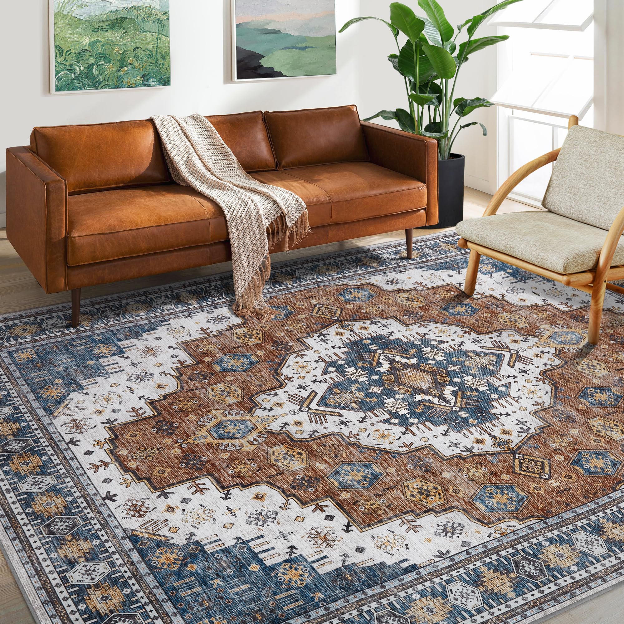 Washable Rug Living Room Rugs: 9x12 Area Rug Large Boho Medallion Distressed Carpets Indoor Soft Floor Anti Slip Carpet for Under Dining Table Bedroom Farmhouse Home Office - Blue/Orange Brown