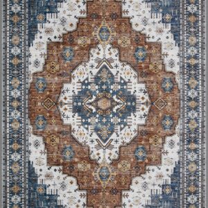 Washable Rug Living Room Rugs: 9x12 Area Rug Large Boho Medallion Distressed Carpets Indoor Soft Floor Anti Slip Carpet for Under Dining Table Bedroom Farmhouse Home Office - Blue/Orange Brown