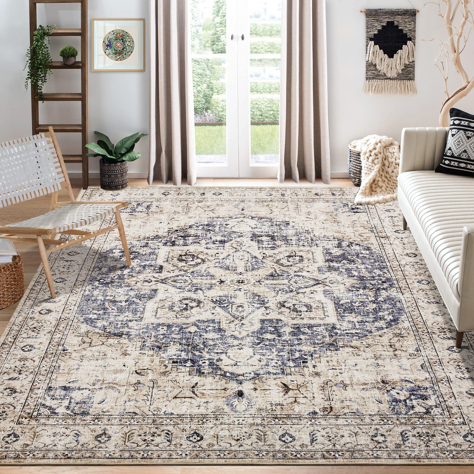 Tortania Boho Blue Living Room Rug 9x12 with 10 PCS Rug Tape Set