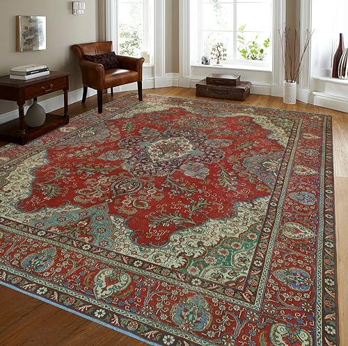 Noori Rug - Premium & Luxury Imported - Handmade Vintage Distressed Jayvee Rug - Red - Navy, 9'6" x 12'10" - Living Room - Dining Room - Bedroom