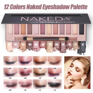 All in One Makeup Kit, 12 Colors Eyeshadow Palette, Nude Foundation, Lipstick Set, Eyebrow Soap, Eyeliner Stamp, Waterproof Mascara, Makeup Brush, Makeup Sponge, Gift Set for Women, Girls & Teens