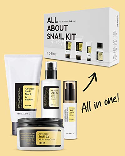 COSRX All About Snail Korean Skincare | TSA Approved Travel Size, Gift Set with Face Gel Cleanser, Essence, Cream & Eye-cream, Repairing, Recovering, Rejuvenating Kit with Snail Mucin, Korean Skincare