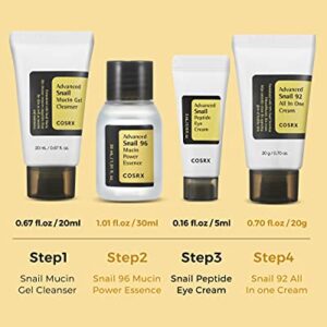 COSRX All About Snail Korean Skincare | TSA Approved Travel Size, Gift Set with Face Gel Cleanser, Essence, Cream & Eye-cream, Repairing, Recovering, Rejuvenating Kit with Snail Mucin, Korean Skincare