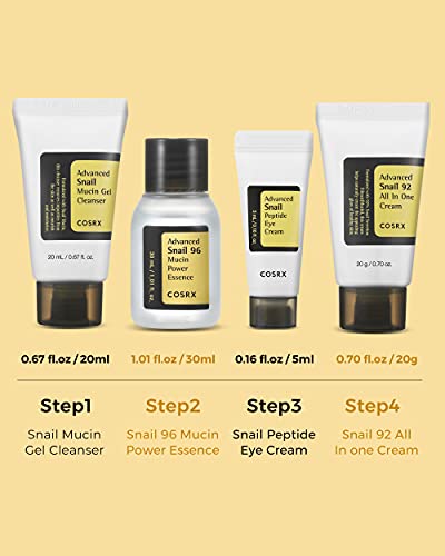 COSRX All About Snail Korean Skincare | TSA Approved Travel Size, Gift Set with Face Gel Cleanser, Essence, Cream & Eye-cream, Repairing, Recovering, Rejuvenating Kit with Snail Mucin, Korean Skincare