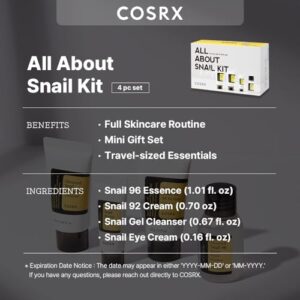 COSRX All About Snail Korean Skincare | TSA Approved Travel Size, Gift Set with Face Gel Cleanser, Essence, Cream & Eye-cream, Repairing, Recovering, Rejuvenating Kit with Snail Mucin, Korean Skincare