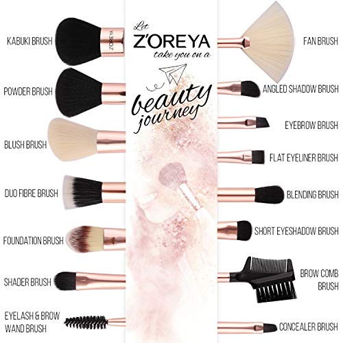 Z'OREYA Makeup Brushes Set,15pcs Rose Gold Luxury and Fashion Makeup Brushes,Professional Premium Synthetic Foundation Powder Concealers Eye Shadows Makeup brushes Set with Perfect Vegan Leather Bag