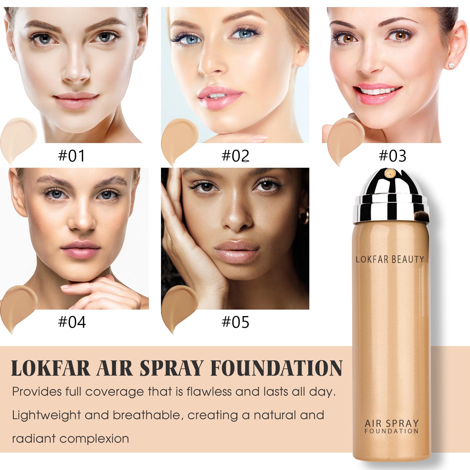 LOKFAR AirBrush Foundation Spray, Silky Mist Foundation Spray Makeup Set with Brush, Full Coverage Foundation for Smooth Radiant Finish, Formula Breathable Lightweight Hydrating | #04 Buff Beige