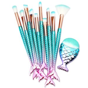 11pcs makeup brushes set with colorful fish tail handle, foundation eyebrow eyeliner blush cosmetic concealer brushes women christmas gift ideas stocking stuffers for girls kids cute make up tool set