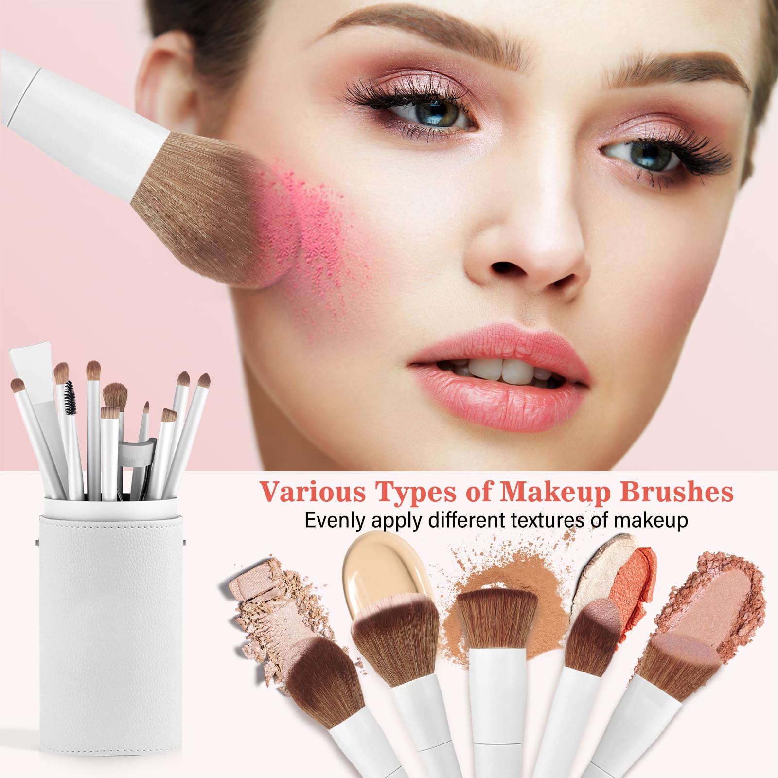 Professional 20PCs Makeup Brush Set, LUXBRU with Foundation Eyebrow Blending Concealer Blush Eyeshadow Contour Powder Brush, Brushes Kit with Travel Case & 2 Powder Puff-White