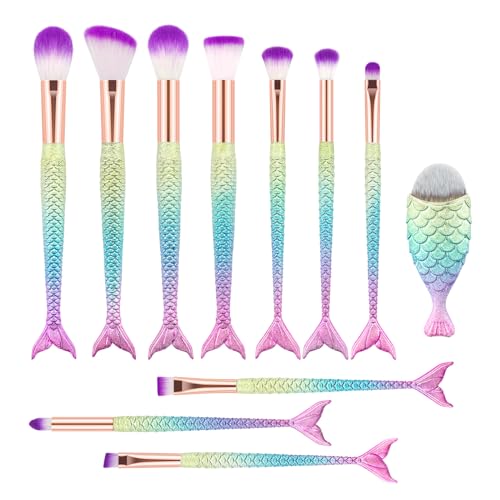 Makeup Brush Set 11pcs, Premium Synthetic Mermaid Make Up Brushes for Blush Highlight Concealer Fan Cute Cosmetic Brushes Collection