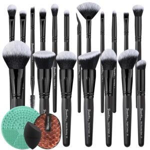 bueart design 19pcs black labeled makeup brushes set contains brush cleaning mat beauty sponge, makeup remover pads, foundation face contour brush set for blending blush concealers eyeshadow