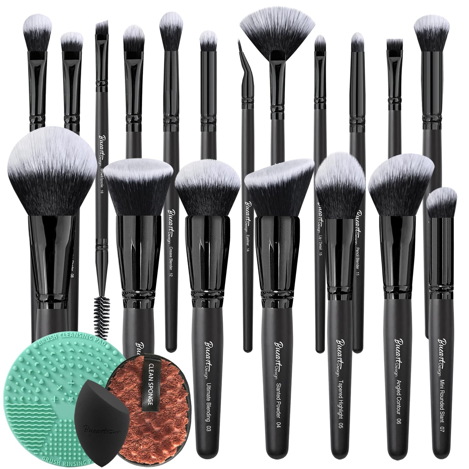 Bueart Design 19Pcs Black labeled Makeup Brushes set Contains brush cleaning mat Beauty Sponge, Makeup Remover Pads, Foundation Face Contour Brush set for Blending Blush Concealers Eyeshadow