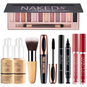 all in one makeup kit for women full kit, includes 12 colors naked eyeshadow palette, foundation x 2, eyeliner & mascara, 2pcs lipstick and makeup brush, gift set for women, girls & teens makeup set