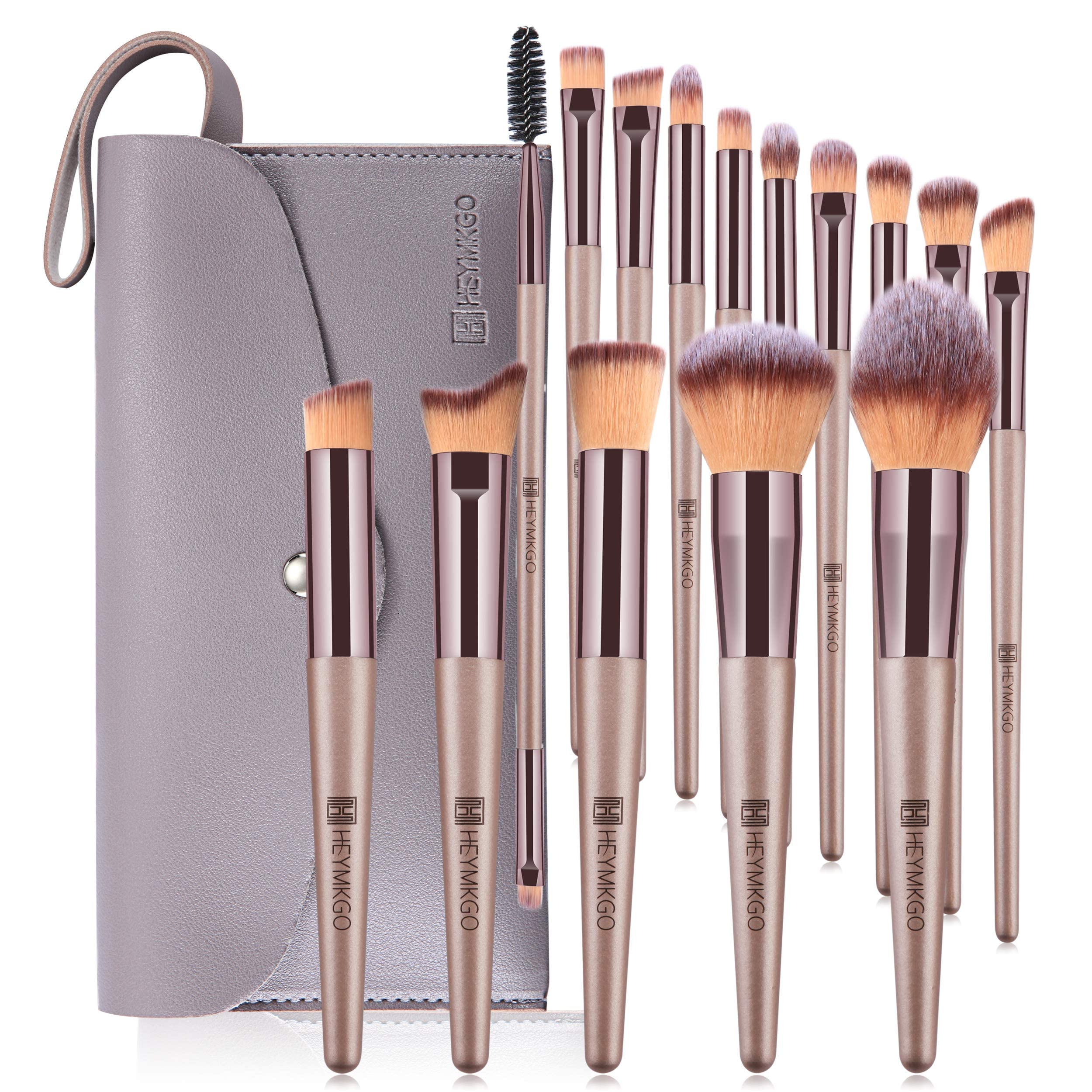 HEYMKGO Makeup Brushes 15PCS Champagne Gold Professional Makeup Brush Set Foundation Brush Blending Powder Blush Concealer Eye Make Up Brush with Bag