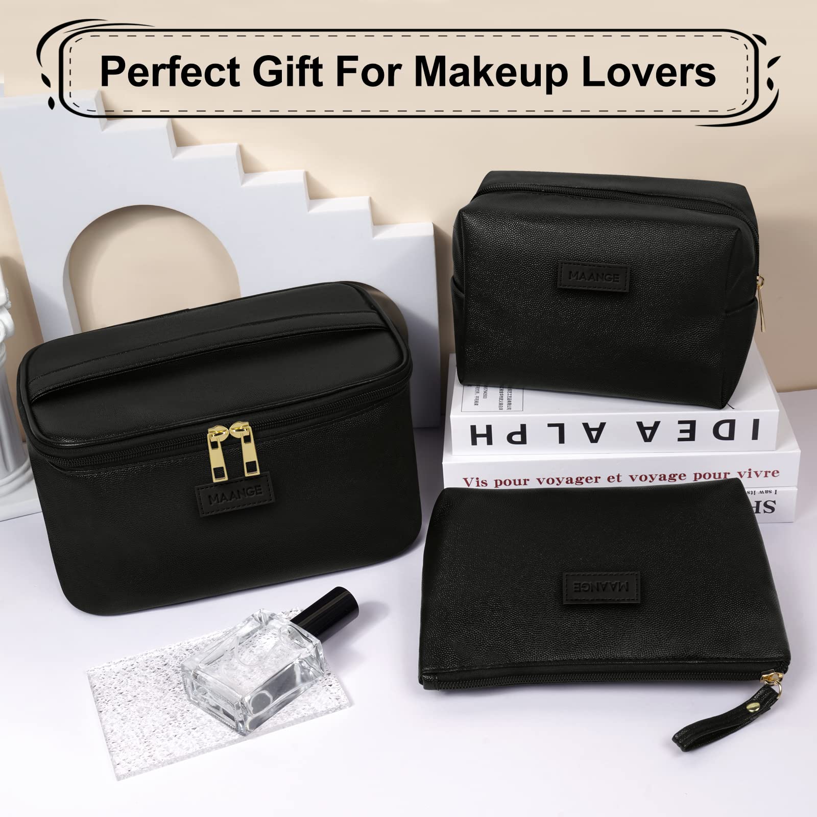 MAANGE Makeup Bag - Large Cosmetic Bag with 2pcs Small Makeup Bags Portable Leather Travel Makeup Bag Set Toiletry Bag Make Up Bags for Women and Girls (Black)